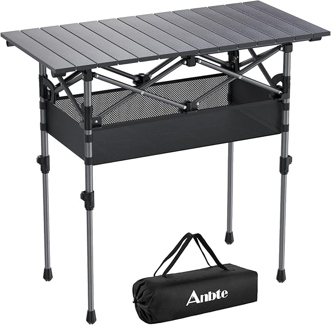 Anbte 3ft Aluminum Roll TopCamping Table, 2 AdjustableHeight Camping Table Foldingwith Storage Net & BagLightweight Roll Up Table forTailgate Outdoor Backyard BBQPatio Picnic, 32.2” X 16”, Blac